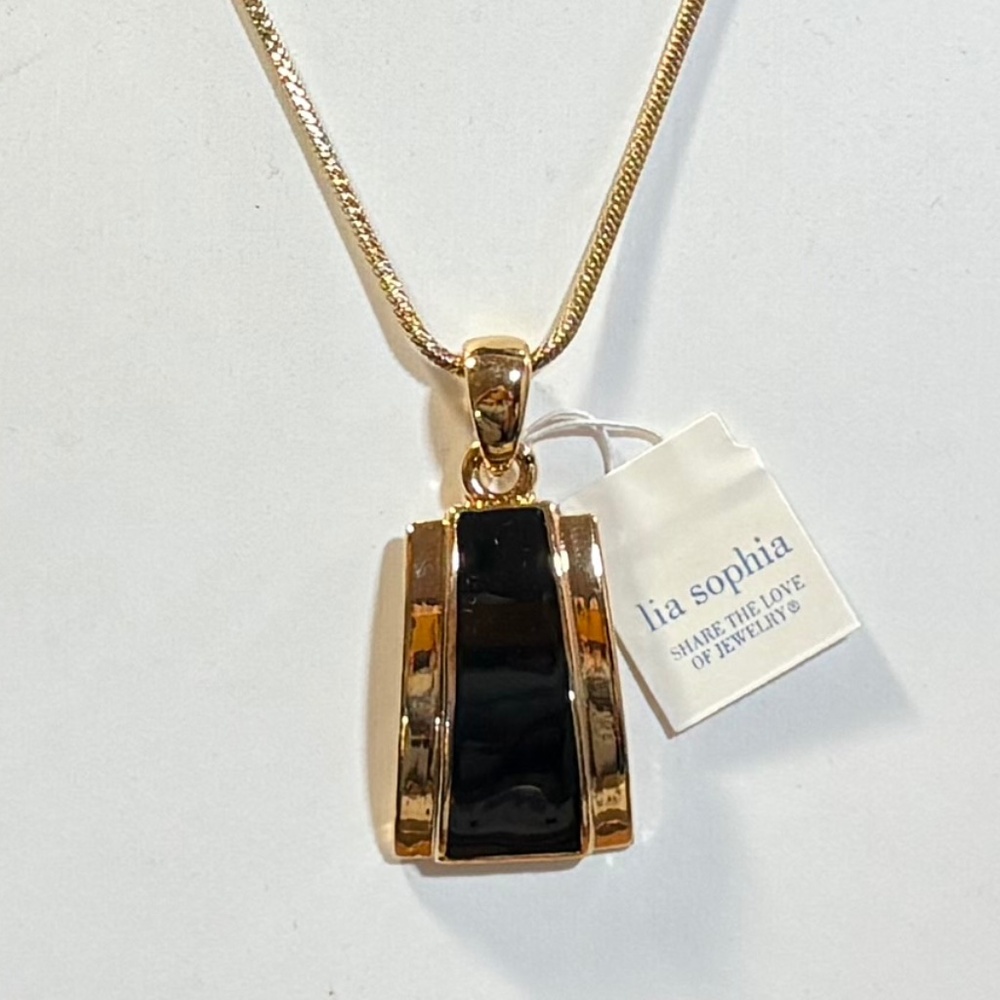 Lia Sophia Black Inlay Gold Tone Pendant Necklace Statement Chain NWT